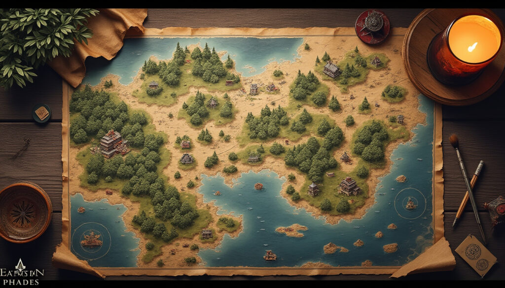 explorez la carte complète d’assassin’s creed shadows : régions, lieux clés et collectibles à découvrir pour ne rien manquer de votre aventure.